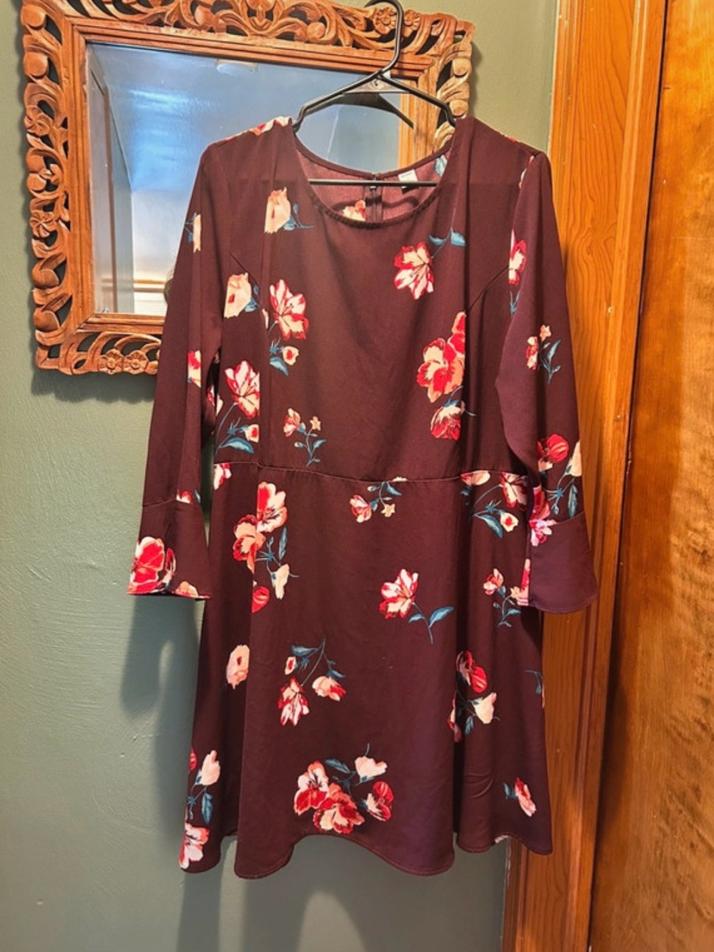 Floral Bell Sleeve Dress in Burgundy